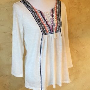 Lucky brand cream jersey embroidered boho top